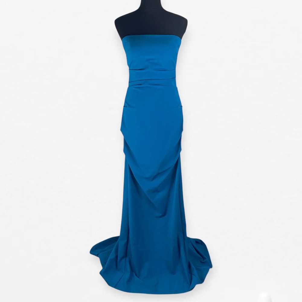 Nicole Miller "Felicity" Vibrant Blue Strapless Silky Ruched Gown Dress 8
